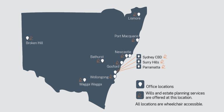 Map showing the locations of NSW Trustee & Guardian's offices across NSW