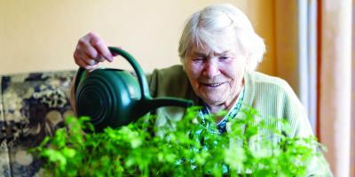 Elderly woman watering plants