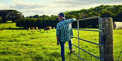 Farmer leaning on gate